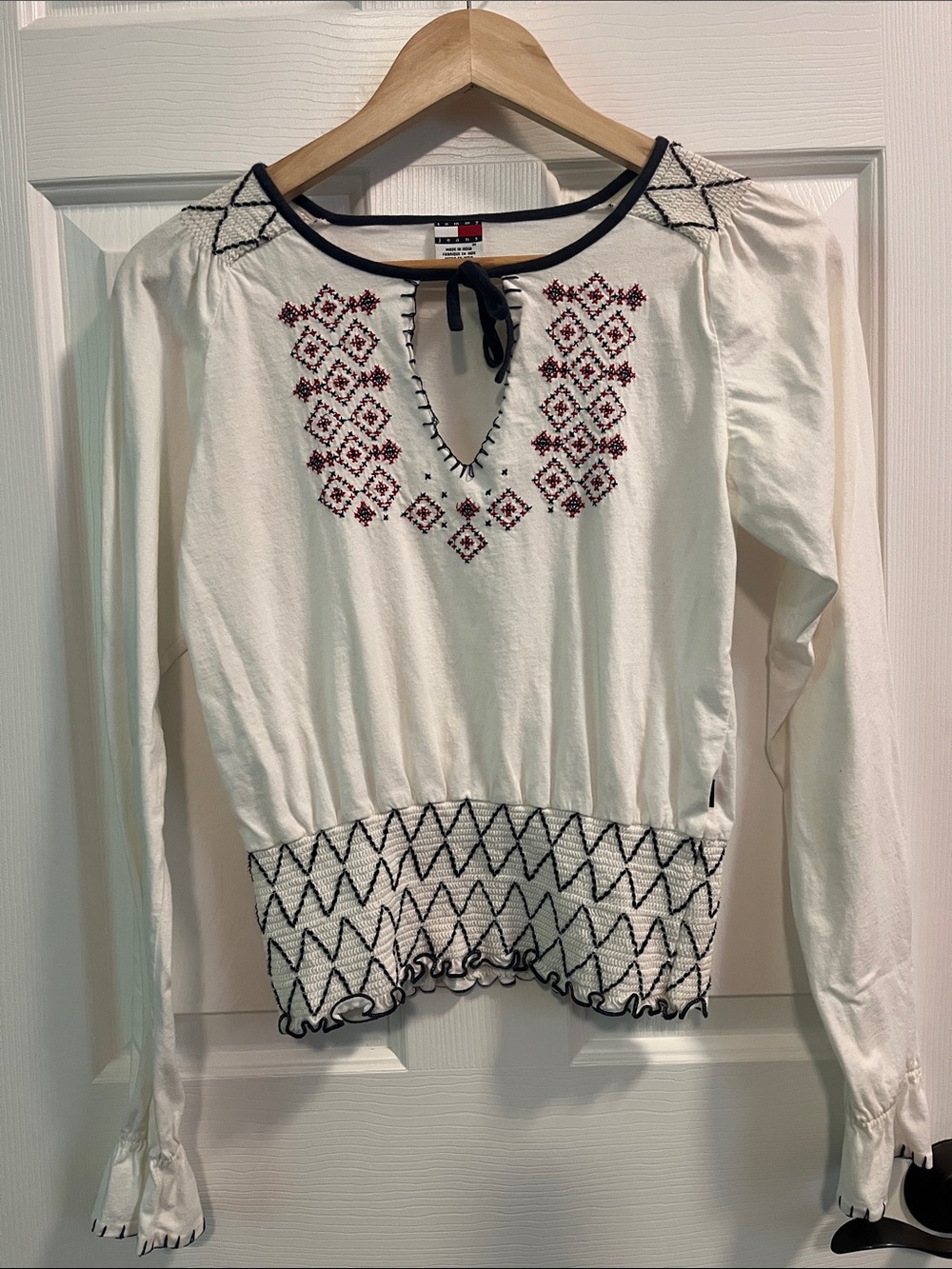 Tommy Hilfiger White Long-Sleeve Embroidered Peasant Top